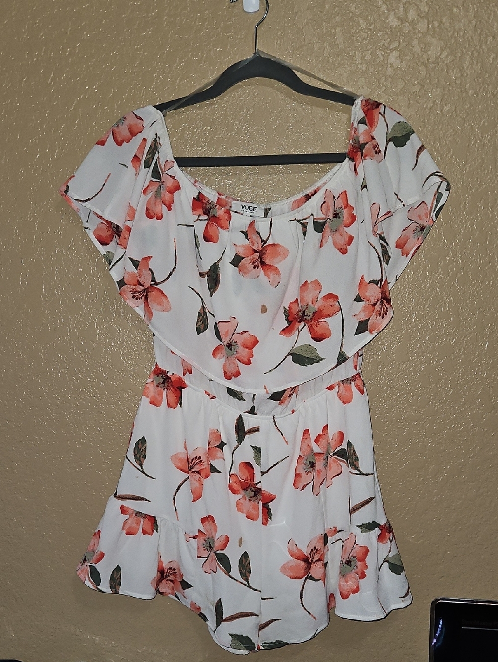 Voge White Floral Off-Shoulder Romper with Coral Flowers